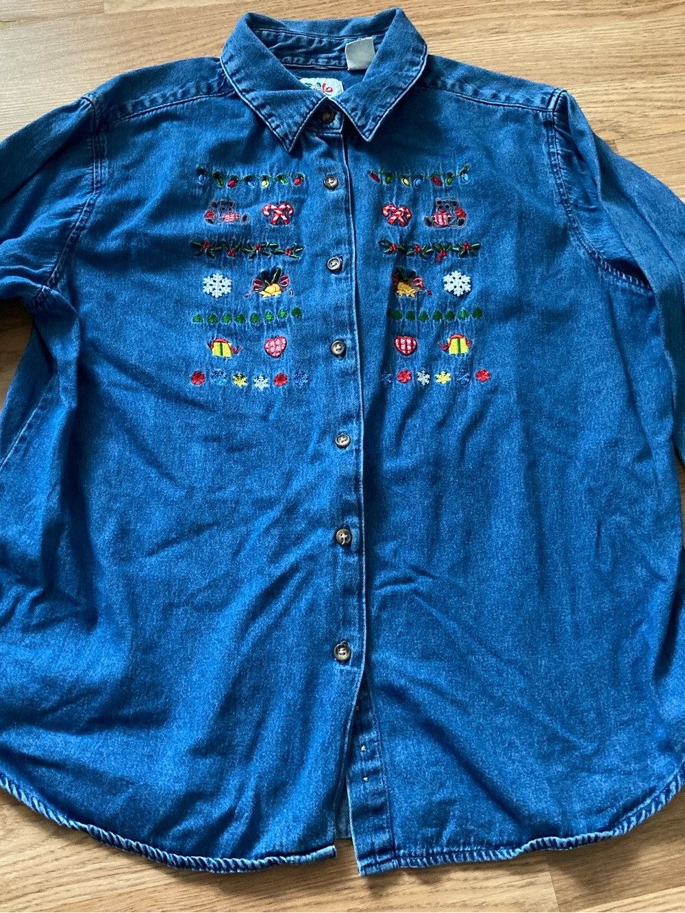 Nut Cracker Denim Embroidered Button-Up Shirt Christmas Holiday - Blue